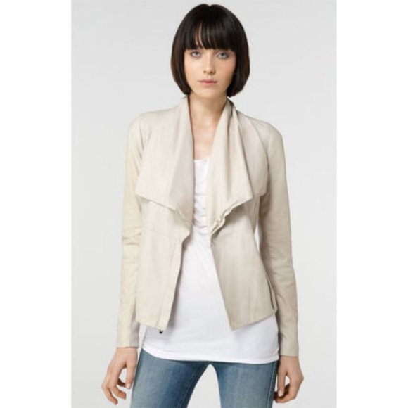 Vince Drape Front Leather Jacket Ivory/ Bone Moto Size Medium Wool Trim - Picture 1 of 14